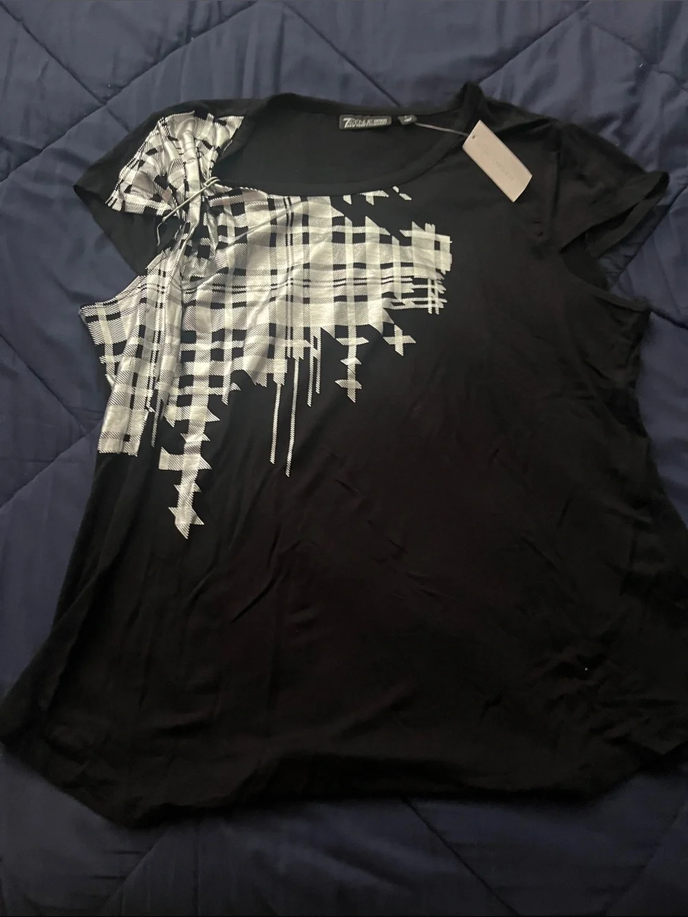 Black Short-Sleeve Graphic Tee with White Plaid Accent